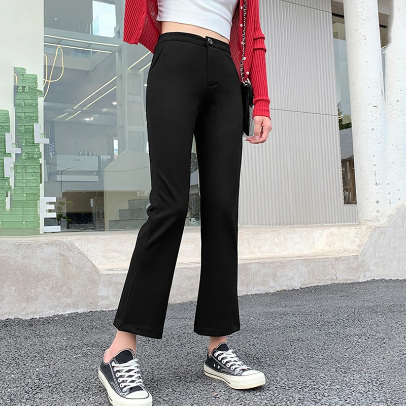 Casual Office Black Flare Pants Women Korean Style High-Waisted Suits Pants  Woman Elastic Slim Fit Ankle Length Trousers – Cheapsano online